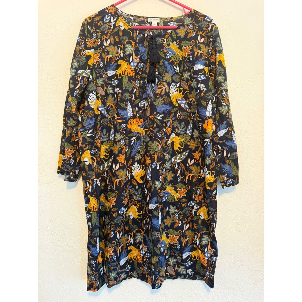 J.Crew Leopard Jungle Print Cotton Tassel Shift Dress Navy Blue Large